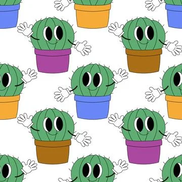 Seamless pattern with groovy cactus Stock Illustration
