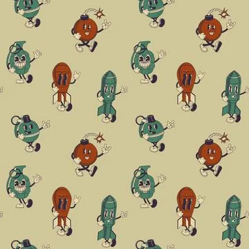 Seamless pattern with Groovy Cartoon Rocket Stock Illustration