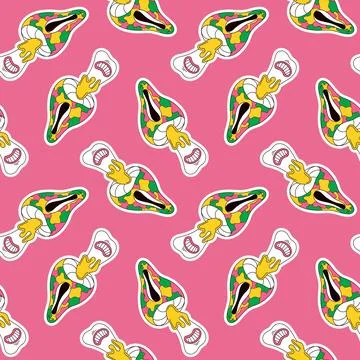 Seamless pattern with groovy cartoon style mushroom on a pink background. Stock Illustration