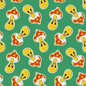 Seamless pattern of groovy cartoon style mushroom with smiling face on green Stock Illustration