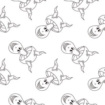 Seamless pattern with groovy devil mushroom with smiling face and horns on white Stock Illustration