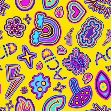 A seamless pattern with groovy hippie elements, flowers, and geometric shapes Foto stock