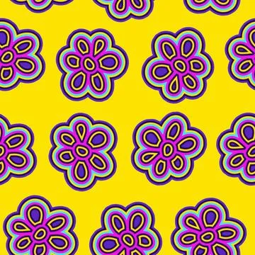 A seamless pattern with groovy hippie flower elements and geometric shapes in Stock Illustration