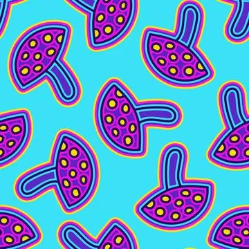 A seamless pattern with groovy hippie fly agaric, elements and geometric shap Stock Illustration