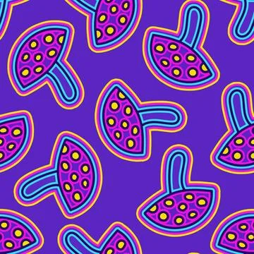 A seamless pattern with groovy hippie fly agaric, elements and geometric shap Ilustração Stock