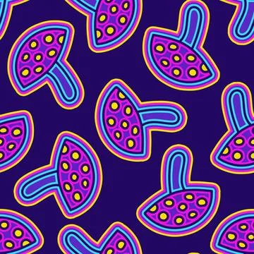 A seamless pattern with groovy hippie fly agaric, elements and geometric shap Ilustração Stock