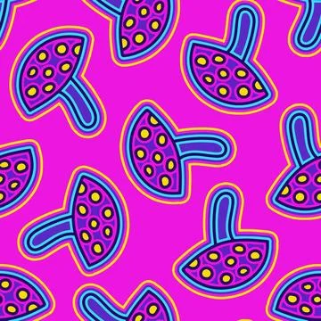 A seamless pattern with groovy hippie fly agaric, elements and geometric shap Stock Illustration