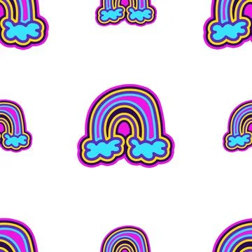 A seamless pattern with groovy hippie rainbow elements and geometric shapes i Stockillustratie