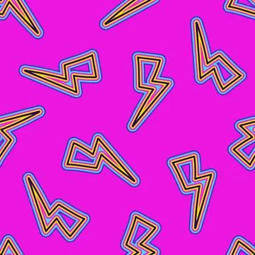 A seamless pattern with groovy hippie thunderbolt elements and geometric shap Illustrazione stock