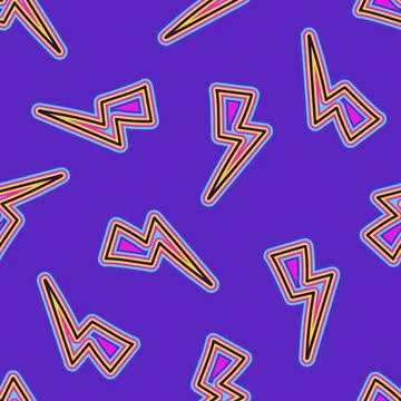 A seamless pattern with groovy hippie thunderbolt elements and geometric shap Stock Illustration