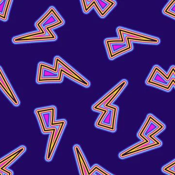 A seamless pattern with groovy hippie thunderbolt elements and geometric shap Stock Illustration