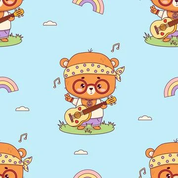 Seamless pattern with groovy hippy bear boy. Cute animal with guitar on blu.. Stock Illustration