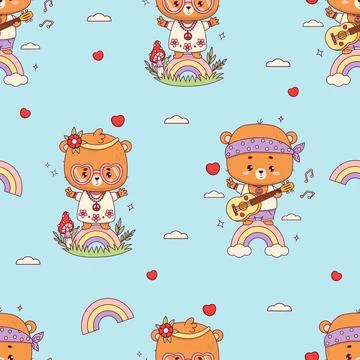 Seamless pattern with groovy hippy bears. Cute animal girl and boy with gui.. Stock Illustration