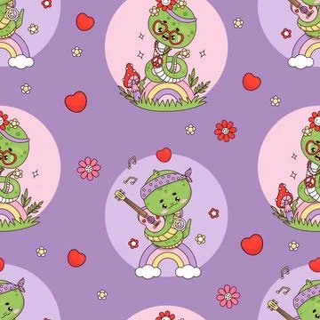 Seamless pattern with groovy hippy snake. Cute reptile girl and boy on rain.. Stock Illustration