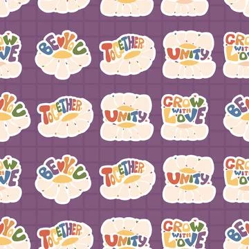 Seamless Pattern Groovy LGBT Rainbow Lettering with Daisy Flower Power on c.. Stock Illustration