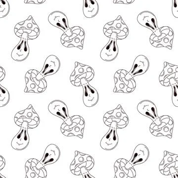 Seamless pattern of groovy line art style mushroom with smiling face on white Stock Illustration