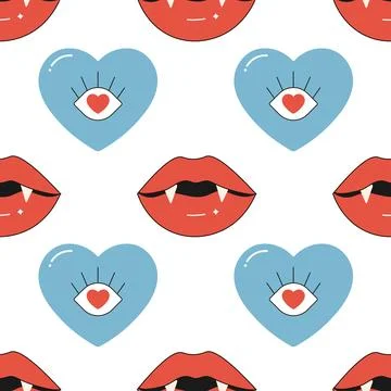 Seamless pattern groovy lips and heart, love 스톡 일러스트