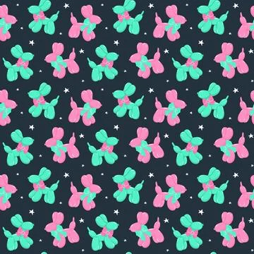 Seamless Pattern Groovy Mint and Pink Balloon Dog with ribbon bow in Vibran.. Illustrazione stock