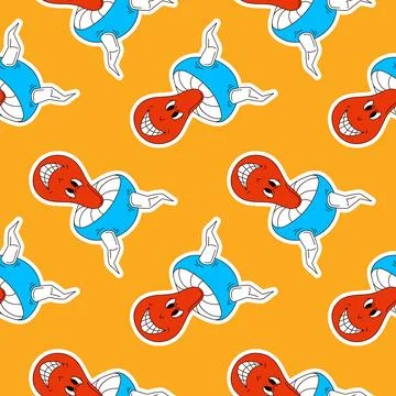 Seamless pattern with groovy psychedelic mushroom with smiling face and horns on Illustrazione stock