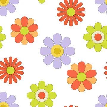 Seamless pattern with Groovy retro flowers. Hippie endless background in 1970s Stock Illustration