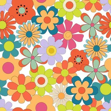 Seamless pattern with Groovy retro flowers. Hippie endless background in 1970s Stock Illustration