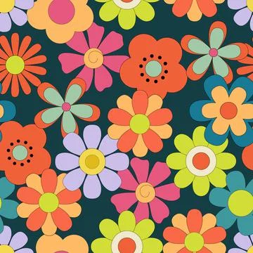 Seamless pattern with Groovy retro flowers on dark background. Hippie endless Stock Illustration