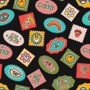 Seamless pattern with groovy retro style postage stamps with rainbow eye smiley Illustrazione stock