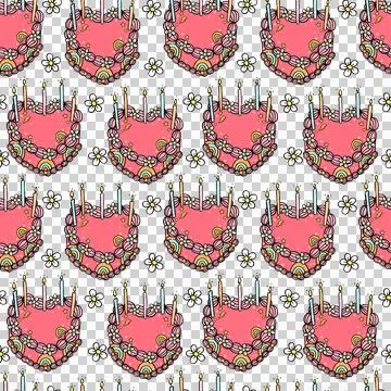 Seamless pattern Groovy Retro Vintage red heart Cake with candles hand draw.. Stock Illustration