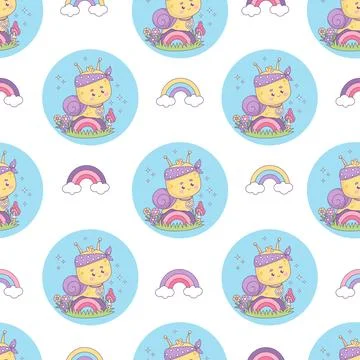 Seamless pattern with groovy snail character hippy. Funny kawaii insect boy.. Stock Illustration