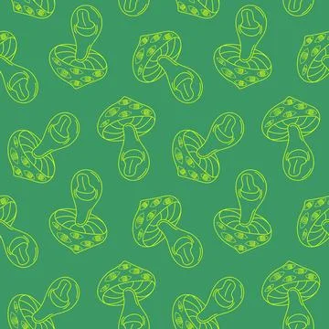Seamless pattern of groovy style fly agaric mushroom on a green background Stock Illustration