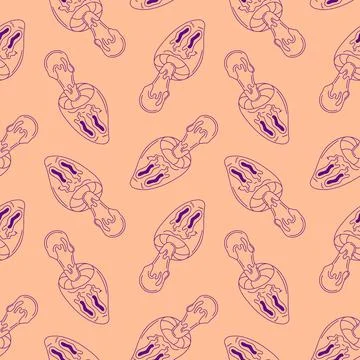 Seamless pattern of groovy style mushroom with melting shape on peach background Illustrazione stock