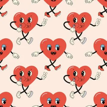 Seamless pattern groovy valentine's day, hearts, cute character Stock Illustration