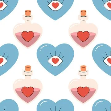 Seamless pattern groovy valentine's day, hearts, cute character Stock Illustration