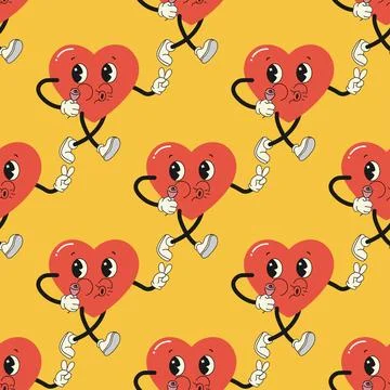 Seamless pattern groovy valentine's day, hearts, cute character Stock Illustration