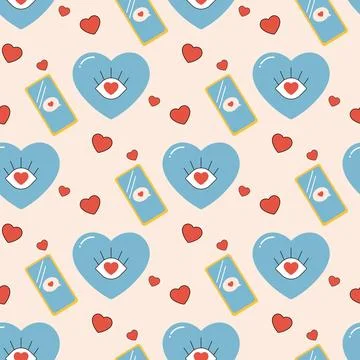 Seamless pattern groovy valentine's day, hearts, cute character Stock Illustration