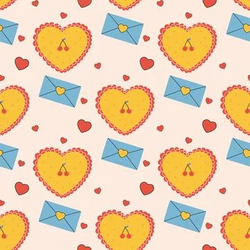 Seamless pattern groovy valentine's day, hearts, cute character Stock Illustration