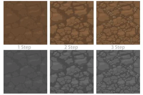 Seamless pattern ground with stones, drawing step by step soil texture for .. Stock Illustration