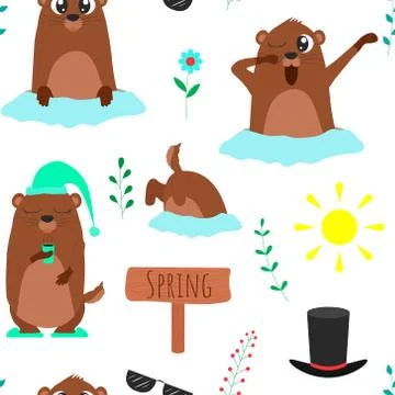 Seamless pattern of Groundhog day illustrations. Vector cartoon background. Stock Illustration