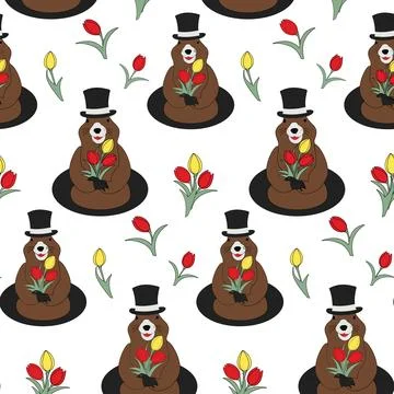 Seamless pattern of a Groundhog in a hat with a bouquet tulip in his paws and Stock Illustration