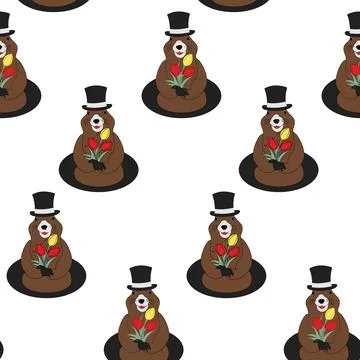 Seamless pattern of a Groundhog in a hat with a a bouquet tulip in his paws Stock Illustration