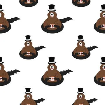 Seamless pattern of a Groundhog in a hat with a cup in his paws coming out of Ilustración de archivo