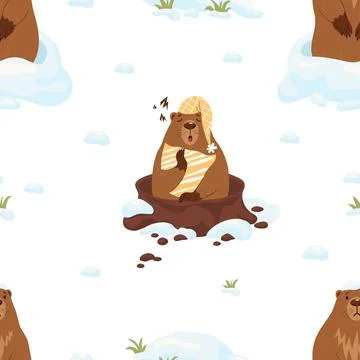 Seamless pattern with groundhog. Sleeping marmot with pillow and sad rodent.. Illustrazione stock