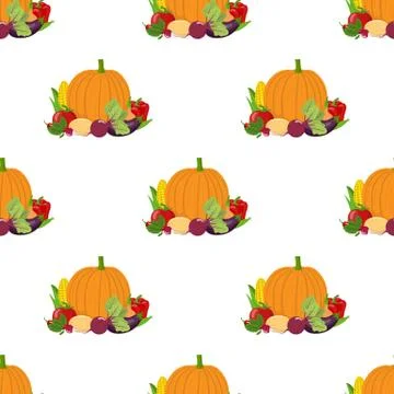 Seamless pattern with group of fresh vegetables on white background. Vector. Stock Illustration