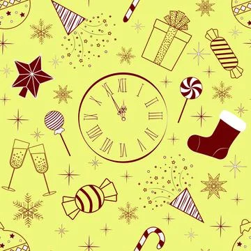 Seamless pattern a group of New Year illustrations on a yellow background Stock Illustration