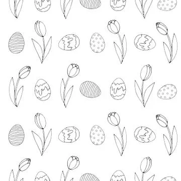 Seamless Pattern with growing contour flowers tulips, eggs. Easter spring bac 스톡 일러스트