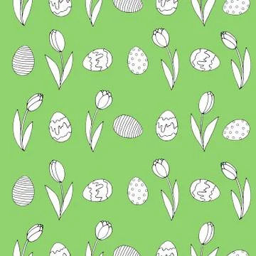 Seamless Pattern with growing contour flowers tulips, eggs. Easter spring bac 스톡 일러스트
