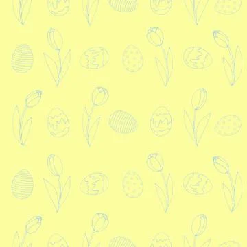 Seamless Pattern with growing contour flowers tulips, eggs. Easter spring bac Stock Illustration