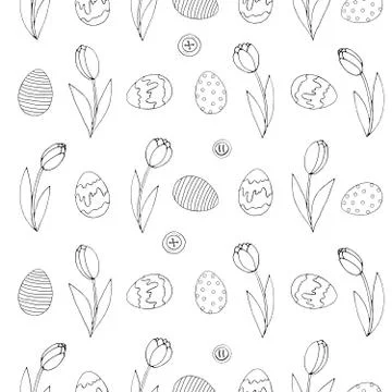 Seamless Pattern with growing contour flowers tulips, eggs, buttons. Easter s Illustrazione stock