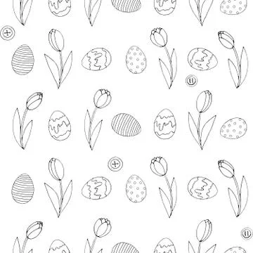 Seamless Pattern with growing contour flowers tulips, eggs, buttons. Easter s 库存插图
