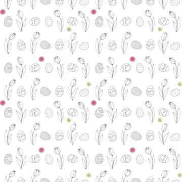 Seamless Pattern with growing contour flowers tulips, eggs, buttons. Easter s Stock Illustration
